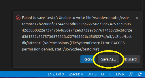 VSCode Failed to Save, click Save As button