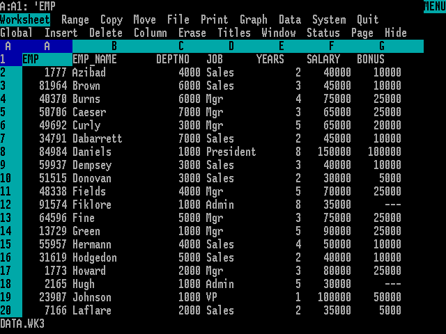 Lotus 1-2-3, one of the first spreadsheets, running on DOS