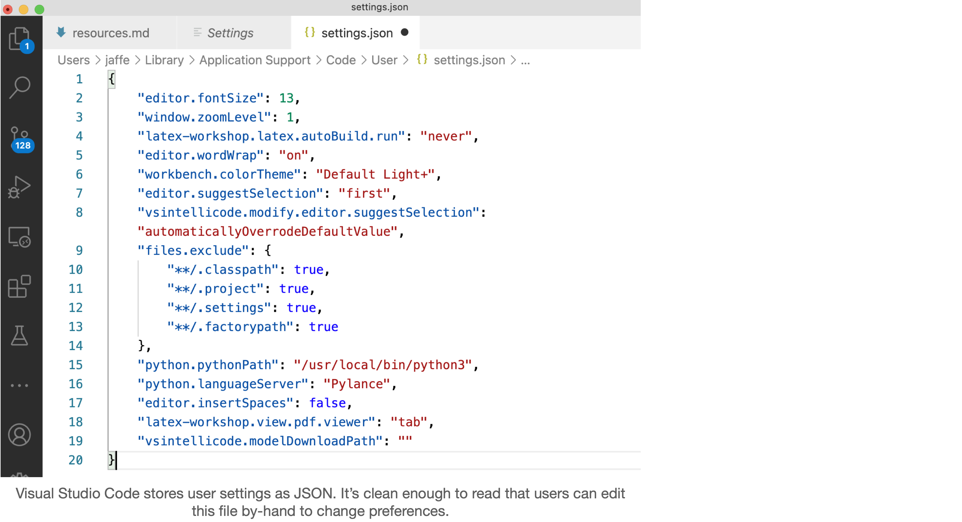 JSON is the data format for user preferences in VS Code