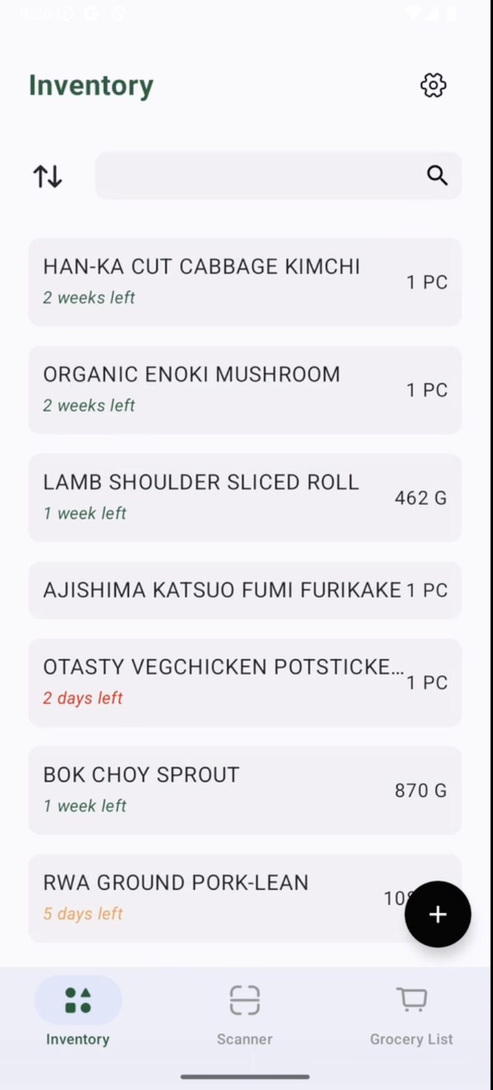 Inventory screen