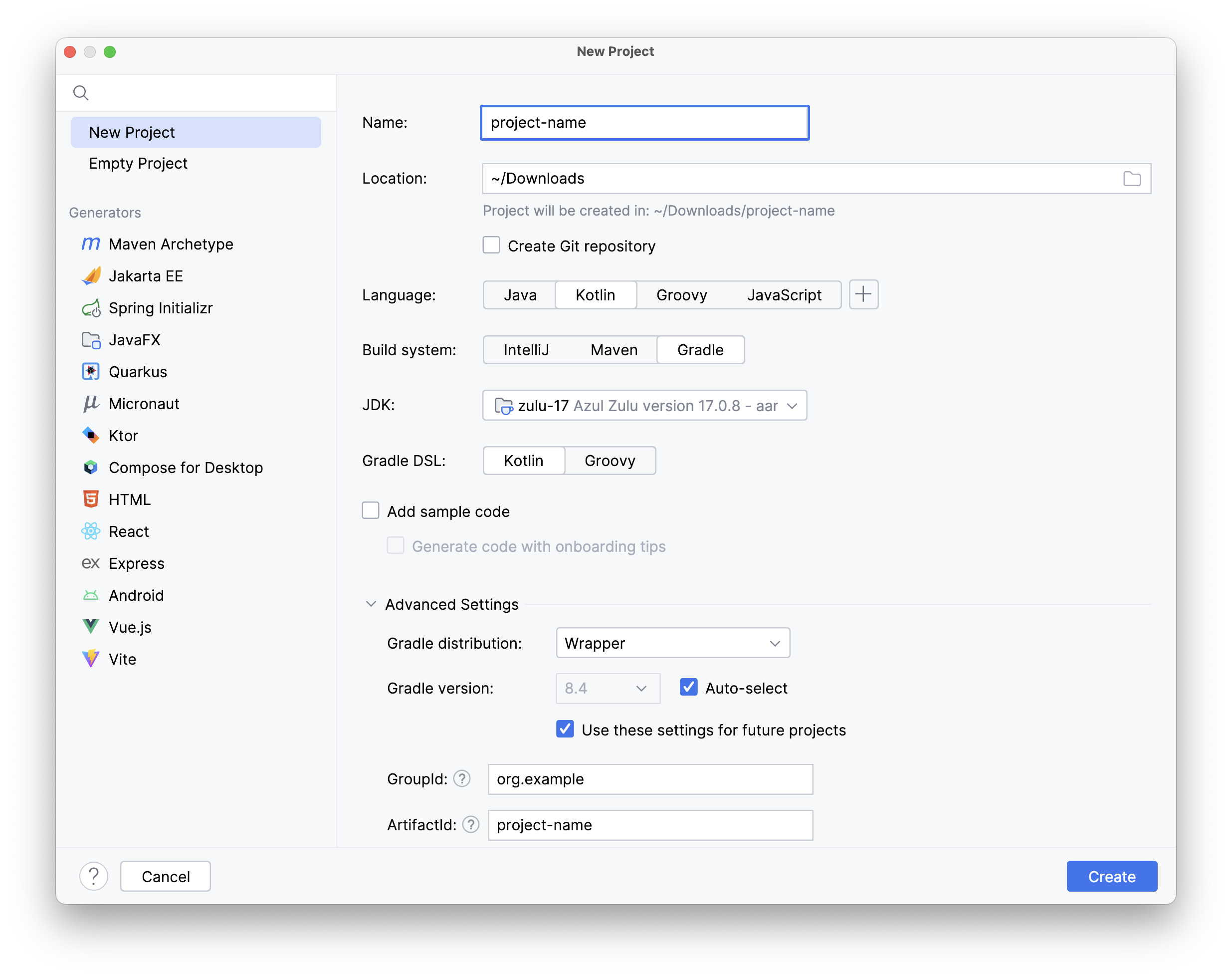 New project wizard