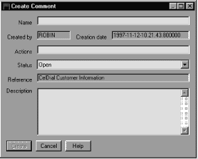Screen capture of Create Comment window showing the administrator-defined status choices