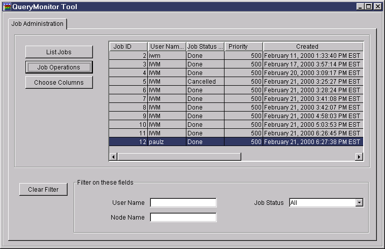 List of jobs when logged on to the system as an administrator