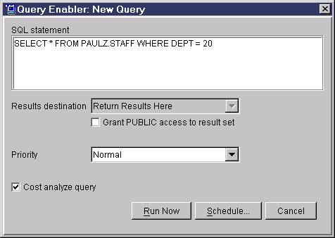Screen capture of the QueryEnabler: New Query window