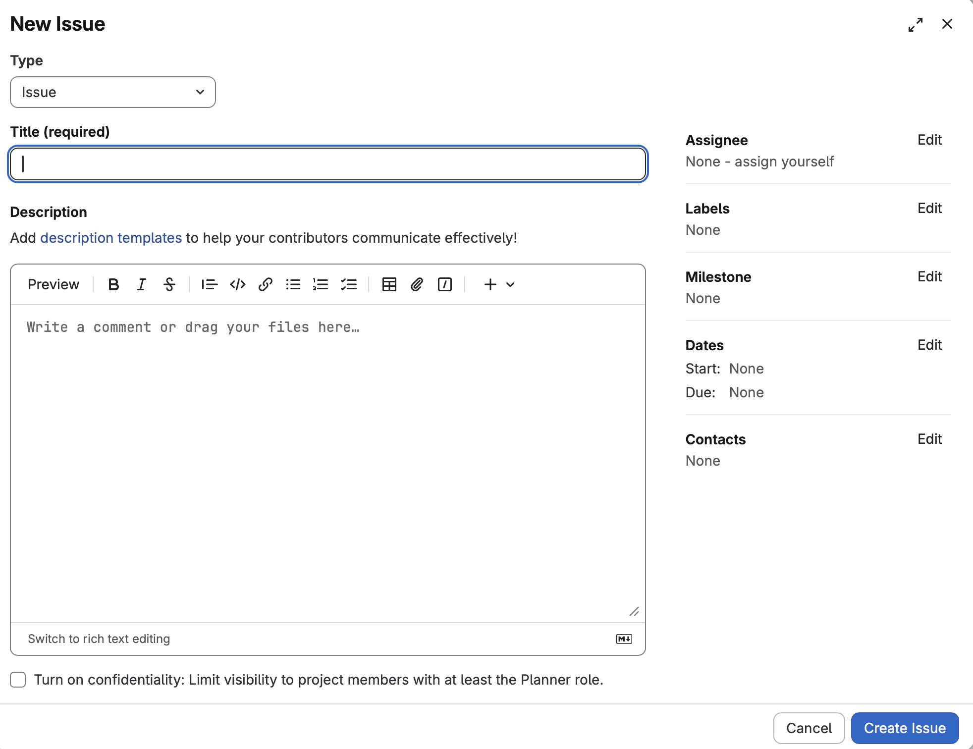 New Issue Dialog