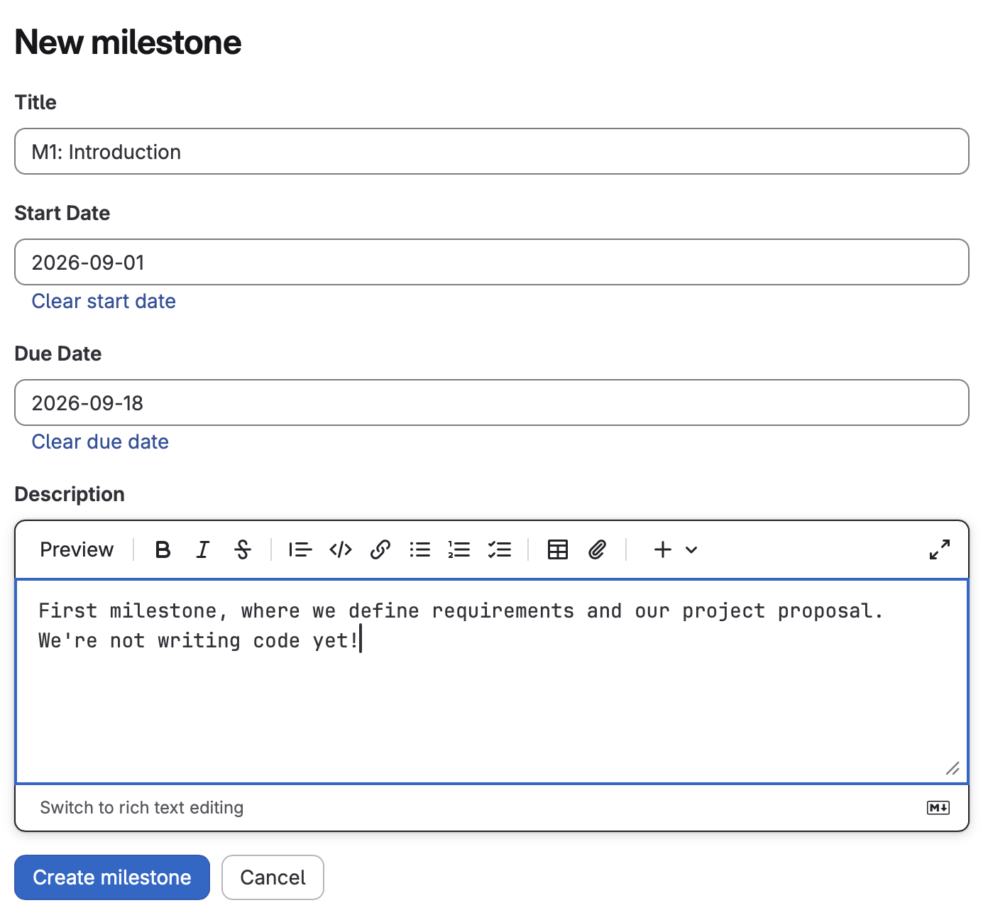 New Milestone Dialog