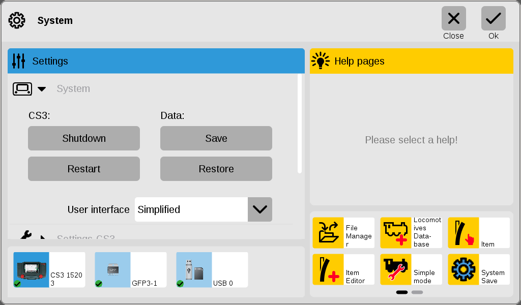 Märklin CS3 Simplified Setup Screen