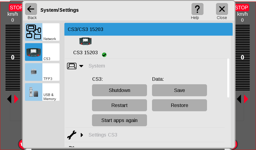 Märklin CS3 Standard Settings Screen
