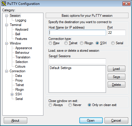 Initial PuTTY screen